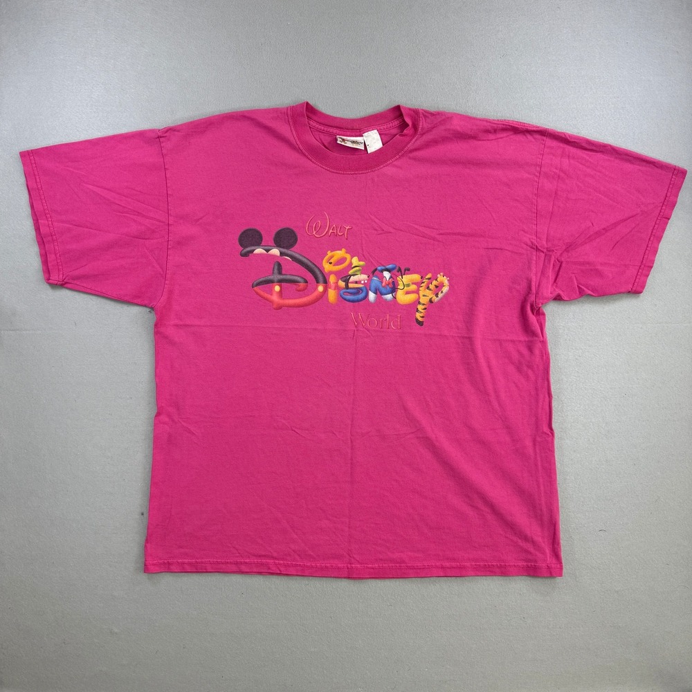 Vtg Walt Disney World T-Shirt Mens XL Pink Spellout Mickey Pooh Goofy Donald 90s